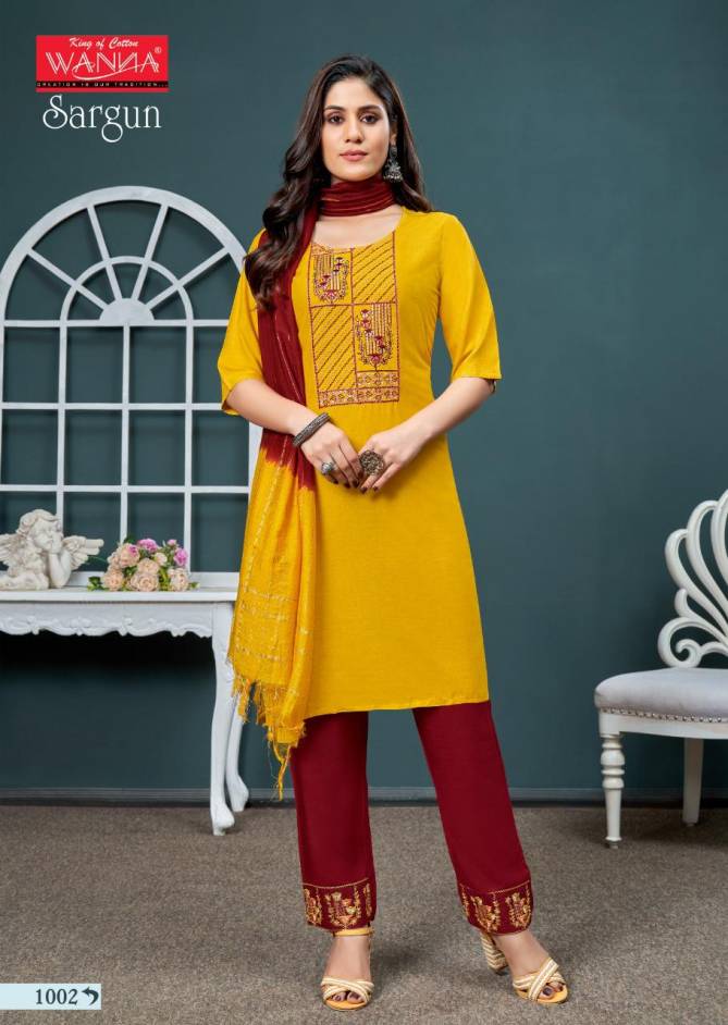 Wanna Sargun Ethnic Wear Designer Rayon Kurti Pant And Dupatta Collection